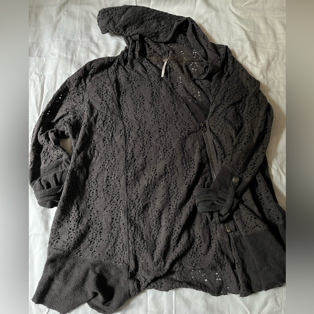 Free People Grey Eyelet Hooded Cardigan Sweater Medium